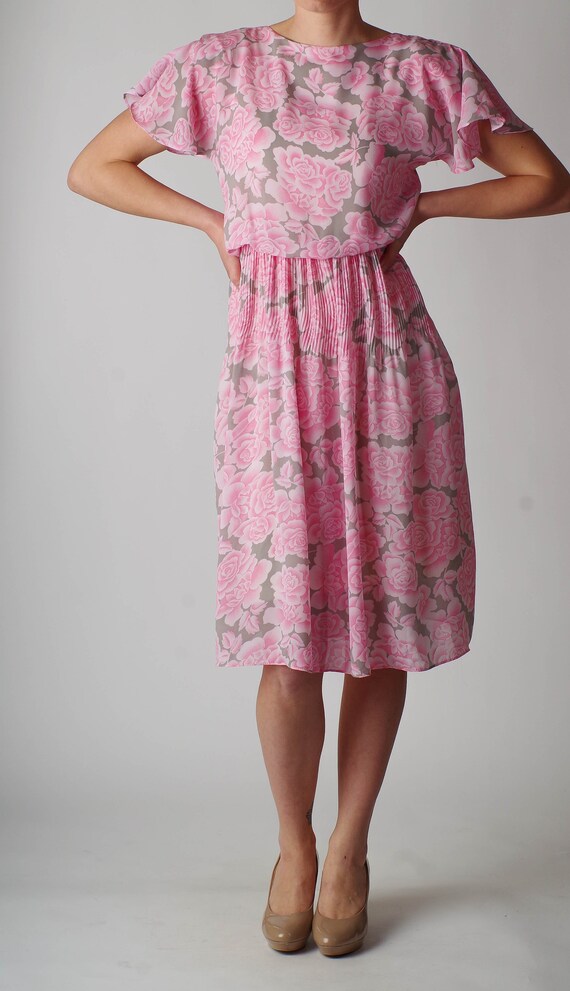 80’s Vintage Pink Rose Blouson Dress - Medium - image 4