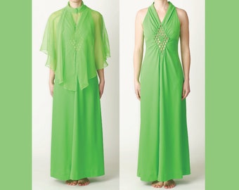 Bright Green Gown with Sheer Green Cape and Peek-A-Boo Chest Detail - Medium