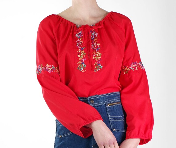 70’s Vintage Red Tunic Blouse With Colorful Flora… - image 8