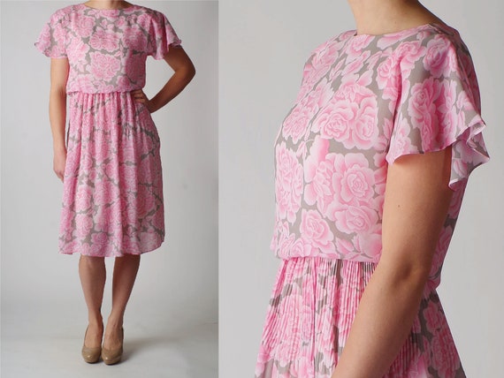 80’s Vintage Pink Rose Blouson Dress - Medium - image 1