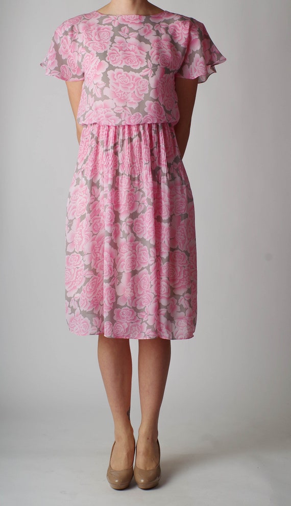 80’s Vintage Pink Rose Blouson Dress - Medium - image 2