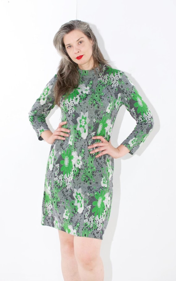 Vintage Gray and Green Floral Long Sleeve Sheath … - image 2