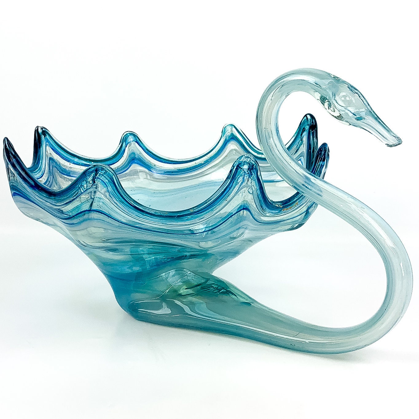 Glass Swan Bowl Light Blue Swirl Circle MCM Mid Century Hand Etsy