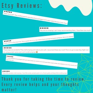 May include: Etsy Reviews: A collage of customer reviews with five-star ratings and positive comments about handmade soaps. The reviews highlight the quality, scent, and packaging of the soaps.