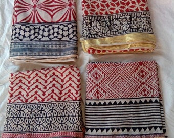 Lot 4 Piece Hand block printed sarong bagru print,Ladies Scarves Dupatta Jaipur Print,Summer Beach Scarf,Natural Color Processed