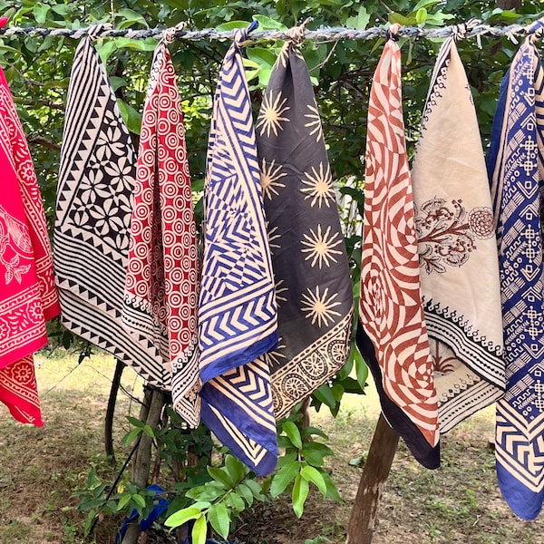Pack of 10 Hand Block Print Cotton Bandana, Boho Head Scarf, Handmade Indian Bandana, Unisex Neckerchief, Festival Hair Scarf
