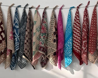 15pc Hand Block Print Cotton Bandanas, Boho Indian Festival Head Scarf