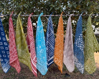 Set of 10 Mud Printed Indian cotton Bandana Scarf,Foulard,Neckerchief,Necktie Face Mask,Hijab,Hand Made Gift for Mom,Dad,Wife,Husband,Gf,Bf