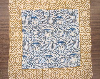 Hand Block Print Cotton Bandana, Tiger Face Scarf, Indian Neckerchief, Boho Festival Headwear