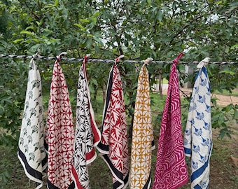 Pack of 7 Hand Block Print Cotton Bandana, Boho Head Scarf, Handmade Indian Bandana, Unisex Neckerchief, Festival Hair Scarf