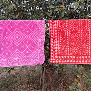 Set of 2 Hand Block print Organic Indian cotton Bandana,Foulard,Neckerchief,Necktie Face Mask,Hijab,Hand Made Gift for Mom,Dad,Wife,Husband