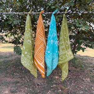 Set of 4 Mud Printed Indian cotton Bandana Scarf,Foulard,Neckerchief,Necktie Face Mask,Hijab,Hand Made Gift for Mom,Dad,Wife,Husband,Gf,Bf