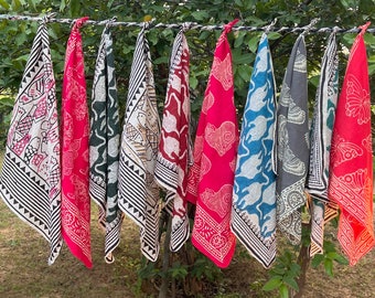 Pack of 10 Hand Block Print Cotton Bandana, Boho Head Scarf, Handmade Indian Bandana, Unisex Neckerchief, Festival Hair Scarf