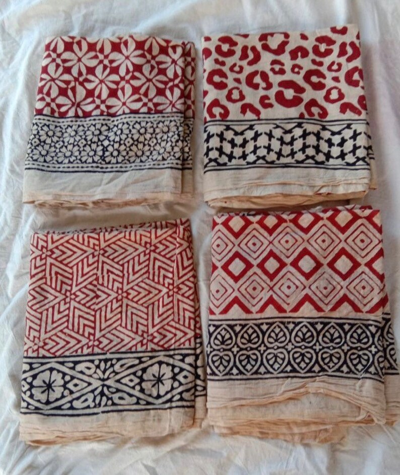 Lot 4 Piece Hand block printed sarong bagru print,Ladies Scarves Dupatta Jaipur Print,Summer Beach Scarf,Natural Color Processed