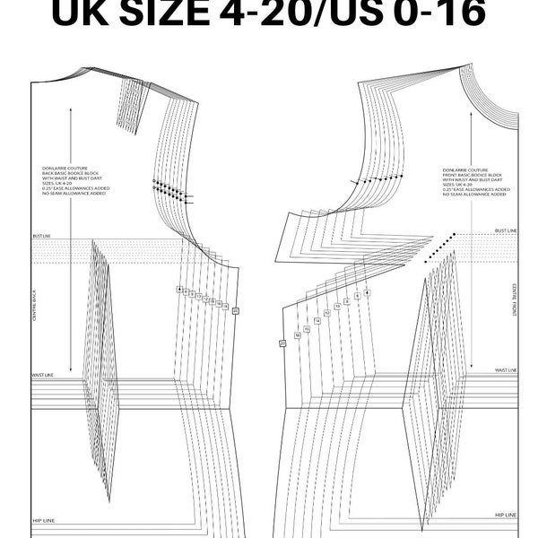 Basic Bodice Block, Basic Bodice Sloper -UK sizes 4-20, US 0-16 & EU size conversion- Ideal for Pattern Cutter, Dressmakers