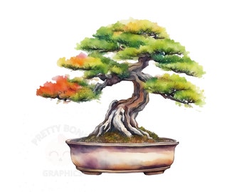 Watercolor Bonsai Tree Clipart, PNG Instant Download File, Digital Paper Craft, Printable Art