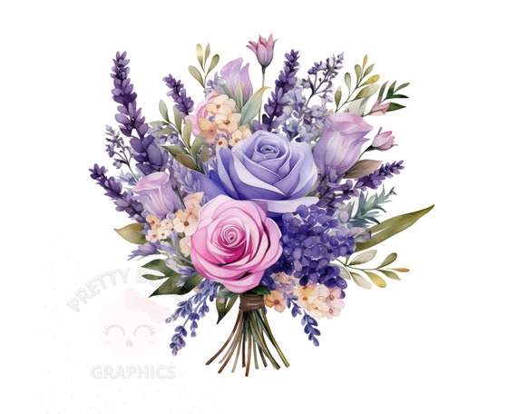 ラベンダーとバラの花束のクリップアート、PNG インスタント
