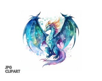 Watercolor Dragon Clipart, JPG Digital Download, Card Making, Scrapbook Clipart, Digital Paper Craft, Journaling, Printable Art