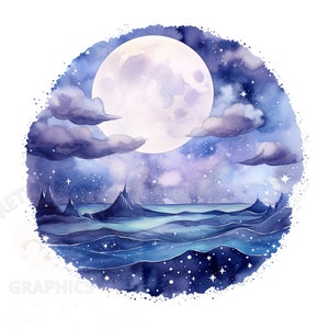 Watercolour Full Moon Clipart, PNG Instant Download File, Moon Digital Design, Card Making, Printable Art
