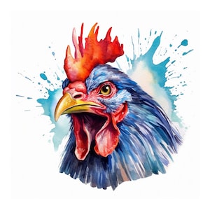 Clipart de portrait de poulet, fichier de téléchargement instantané JPG, conception numérique de poulet aquarelle, carte faisant des cliparts, médias mixtes, art imprimable
