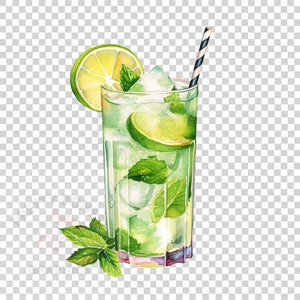 May include: A tall glass filled with a green, refreshing drink, garnished with a lime wedge and fresh mint leaves. Ice cubes are visible in the drink. A black and white striped straw is in the glass.