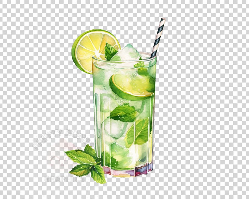 May include: A tall glass filled with a green, refreshing drink, garnished with a lime wedge and fresh mint leaves. Ice cubes are visible in the drink. A black and white striped straw is in the glass.