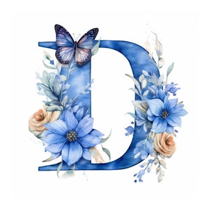 Letra del alfabeto de acuarela D, descarga instantánea JPG, letra de imágenes prediseñadas con mariposas, artesanía de papel digital, fabricación de tarjetas, arte imprimible