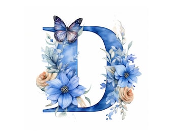 May include: Watercolor illustration of the letter D decorated with blue flowers, leaves, and a butterfly.