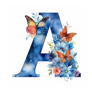 Clipart da letra A do alfabeto em aquarela, download instantâneo em JPG, letra A com design digital de borboletas, clipart para fazer cartões, arte para impressão