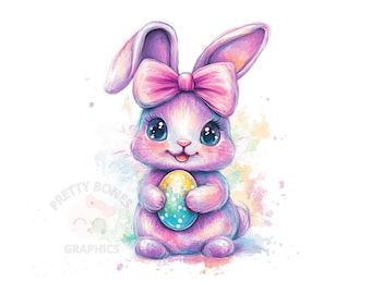 原画、キャンバス「イースターうさぎ」紫　－かわいい絵 イースターバニーのクリップアート、PNGインスタントダウンロード