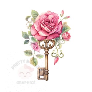 Vintage Floral Key Clipart, PNG Descarga Instantánea, Diseño Digital Para Elaboración, Scrapbooking, Arte Imprimible