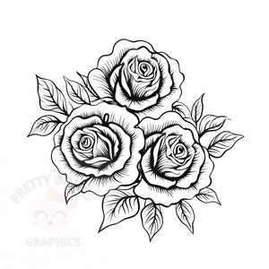 May include: A black and white line drawing of three roses with stems and leaves.