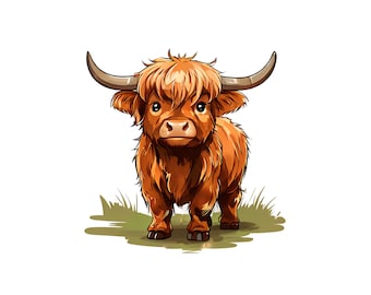 Highland Cow Cartoon Clipart, PNG Instant Download File, Digital Design For Crafting, Printable Art