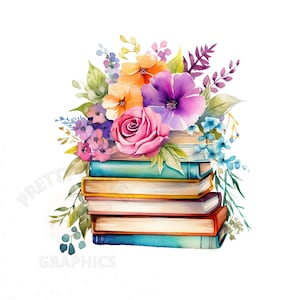 Libros de acuarela y imágenes prediseñadas de flores, archivo de descarga digital PNG, pila de libros florales para la elaboración