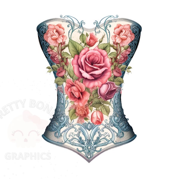 Vintage Corset With Roses, PNG Instant Download File, Scrapbooking Clipart, Floral Corset Digital Design