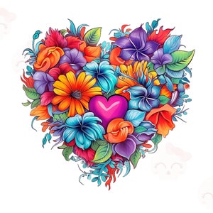 花のハート昇華クリップアート、PNG インスタントダウンロードファイル、デジタルペーパークラフト、印刷可能なアート、カード作成クリップアート