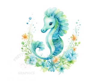 水彩タツノオトシゴのクリップアート、PNG インスタントダウンロードファイル、クラフト用デジタルデザイン