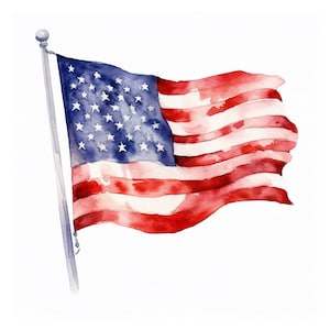 May include: A watercolor painting of an American flag waving in the wind. The flag is red, white, and blue with 13 stripes and 50 stars.