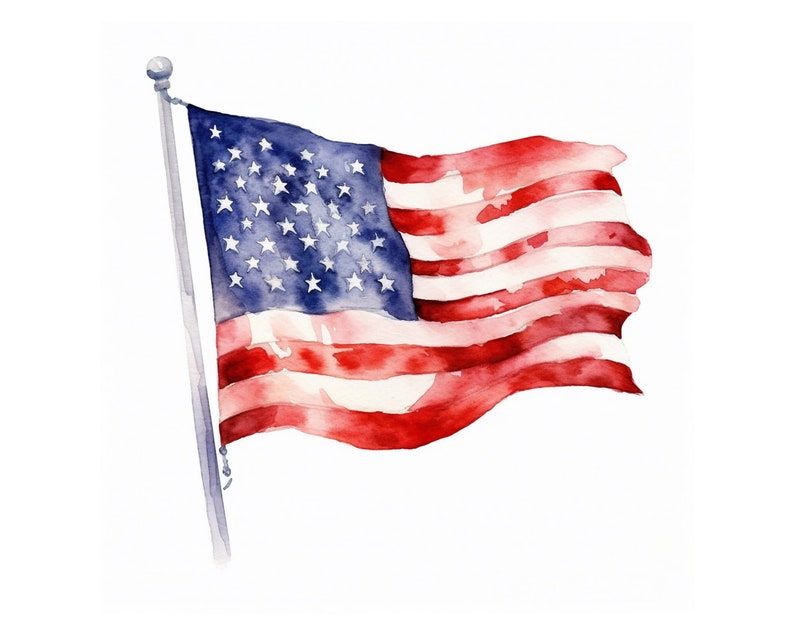 May include: A watercolor painting of an American flag waving in the wind. The flag is red, white, and blue with 13 stripes and 50 stars.