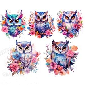 Watercolor Floral Owl Clipart Bundle, 5 PNG Instant Download Files, Owl Digital Design, Card Making, Printable Art