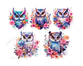Bundle de cliparts floral aquarelle hibou, 5 fichiers PNG à téléchargement immédiat, conception numérique hibou, fabrication de cartes, art imprimable