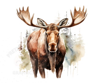 Watercolor Moose Clipart, PNG Instant Download File, Moose Digital Design For Crafting, Printable Art