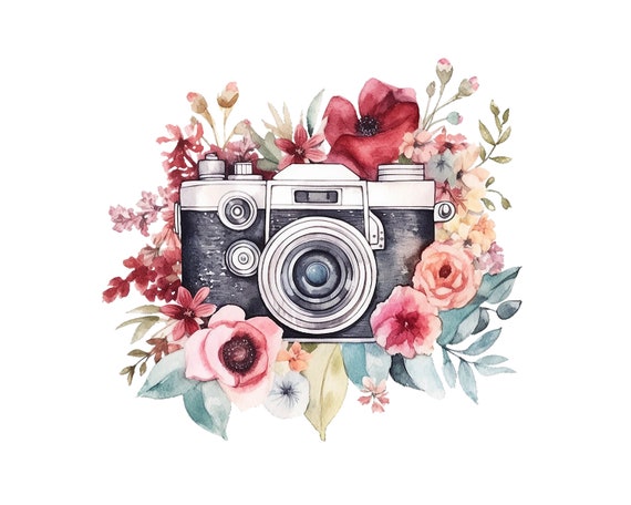 Watercolor Floral Retro Camera, PNG Digital Download, Card Making Clipart, Scrapbook Images, Digital Paper Craft, Printable Art
