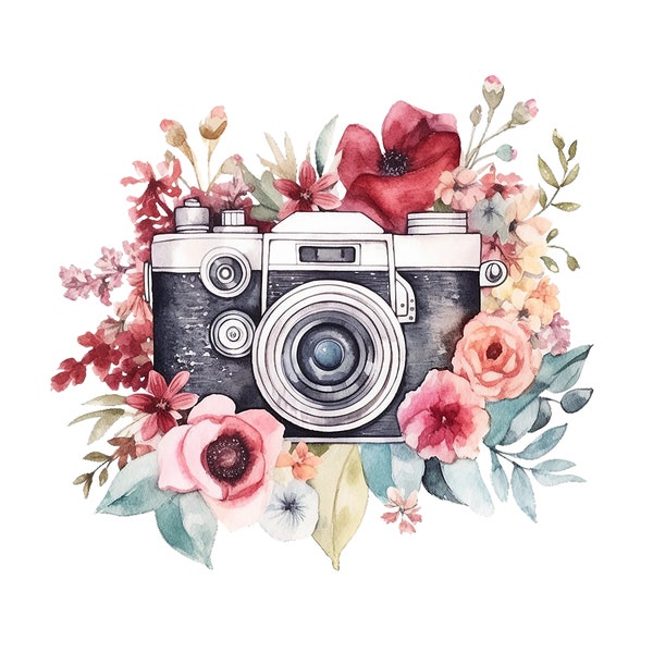 Watercolor Floral Retro Camera, PNG Digital Download, Card Making Clipart, Scrapbook Images, Digital Paper Craft, Printable Art