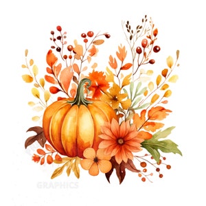 Watercolor Fall Clipart No2, PNG Instant Download File, Floral Pumpkin, Digital Design For Crafting, Printable Art
