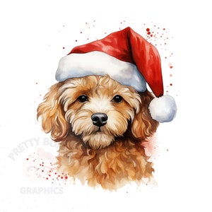 May include: A watercolour painting of a small, light brown dog wearing a red Santa hat. The dog is looking directly at the viewer with a sweet expression. The background is white with red watercolour splatters.