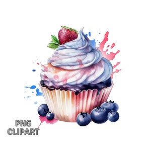 Blueberry Cupcake Watercolor Clipart, PNG Digital Download, Card Making, Scrapbook Clipart, Digital Paper Craft, Journaling