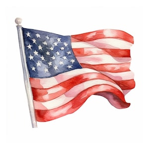 May include: A watercolor painting of an American flag waving in the wind. The flag is red, white, and blue with 13 stripes and 50 stars.