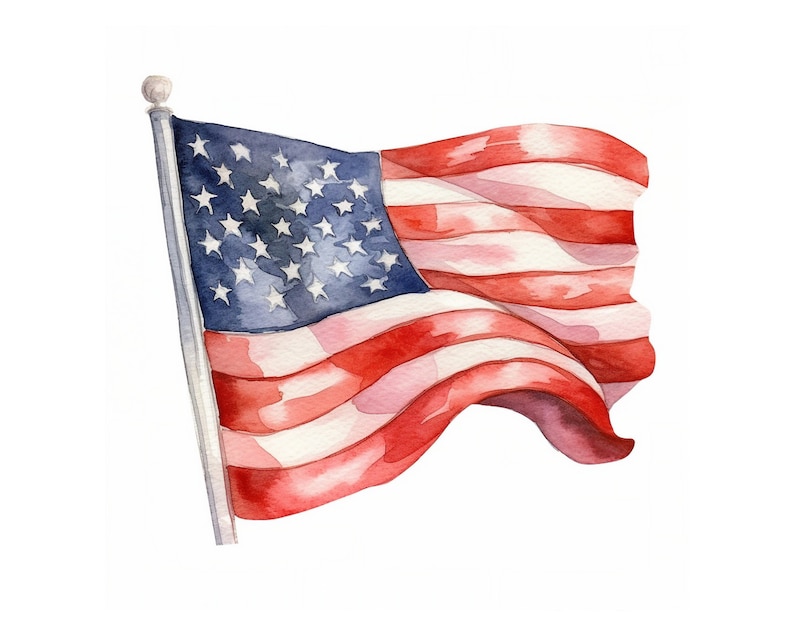 May include: A watercolor painting of an American flag waving in the wind. The flag is red, white, and blue with 13 stripes and 50 stars.
