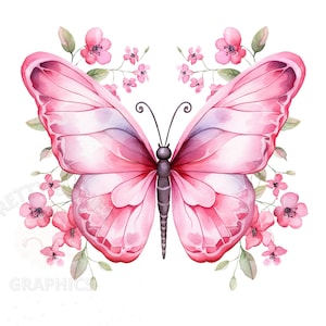 Clipart de borboleta rosa aquarela, arquivo de download instantâneo PNG, criação de cartão, arte para impressão
